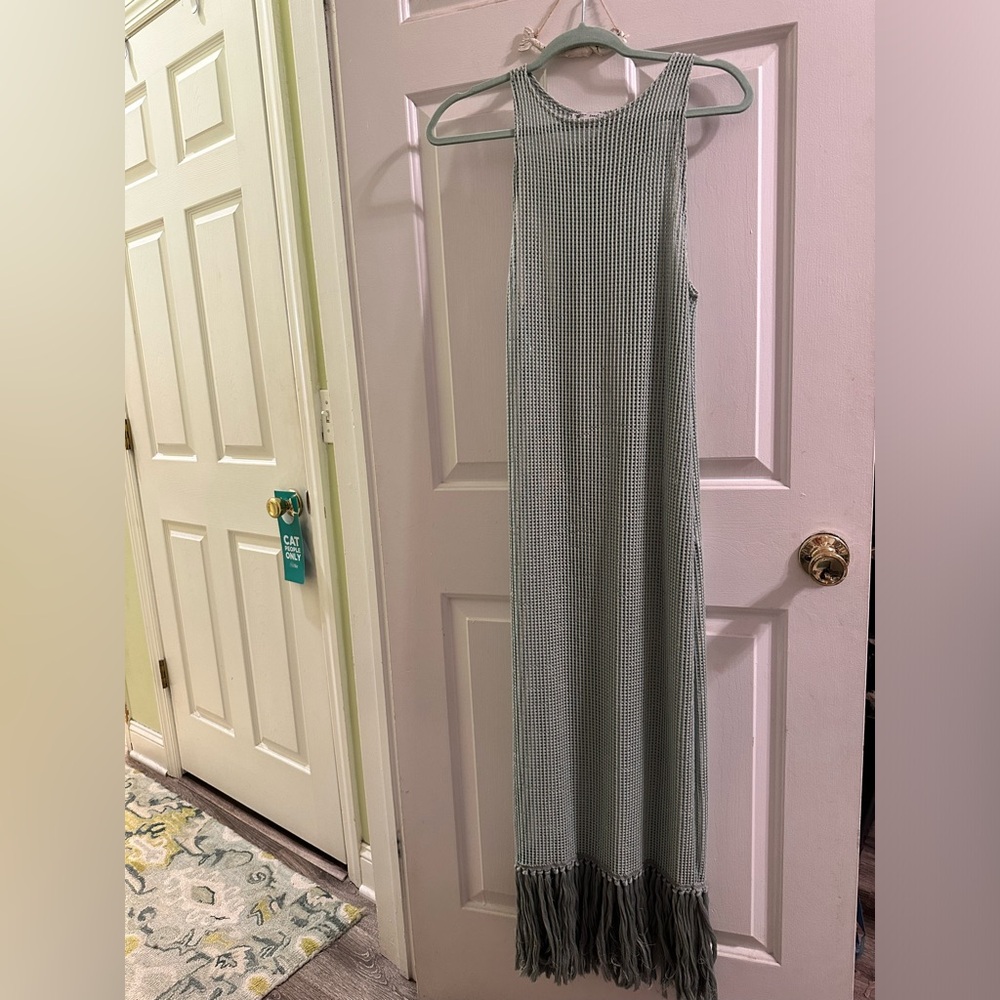 Zara teal woven beach cover up with fringe
